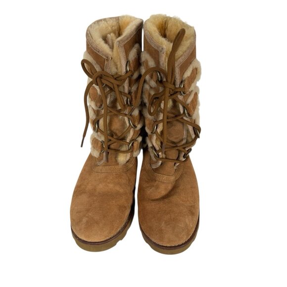UGG Rommy Boots Womens 8 Tan Brown Suede Shearling Mid-Calf Lace-Up Nordic 3219 - Picture 3 of 14